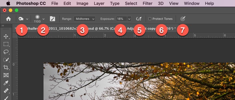 Photoshop context sensitive toolbar showing controls for the Burn tool