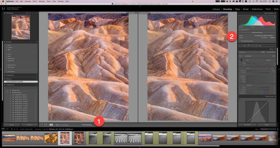 Key controls for the soft proofing in Lightroom