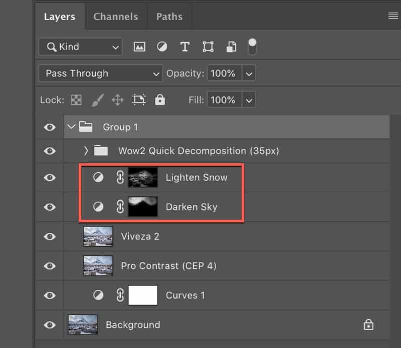 Adjustment Layers with their layer masks in Photoshop