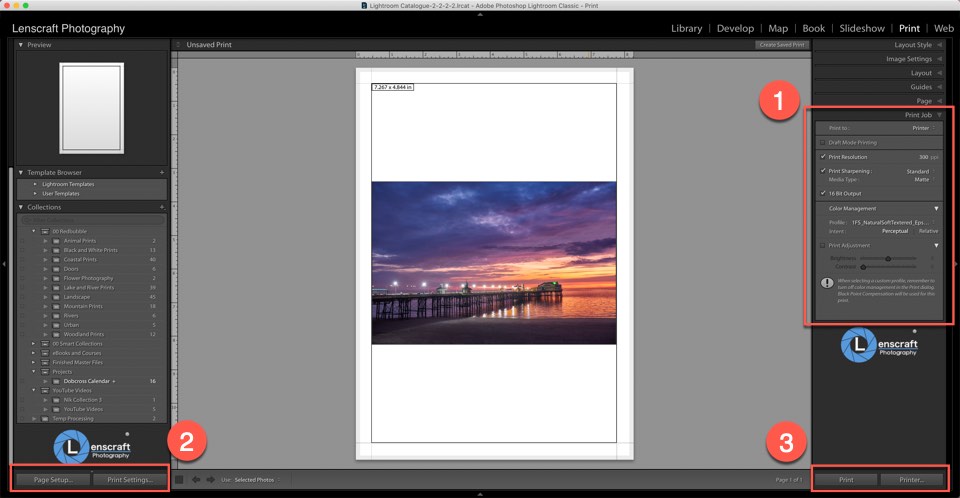 Key controls for printing from the Lightroom print module