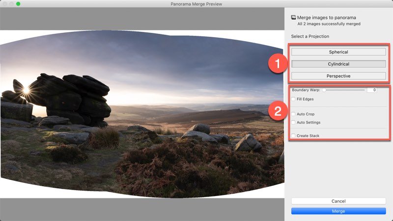 The Lightroom Panorama Merge Preview Dialog