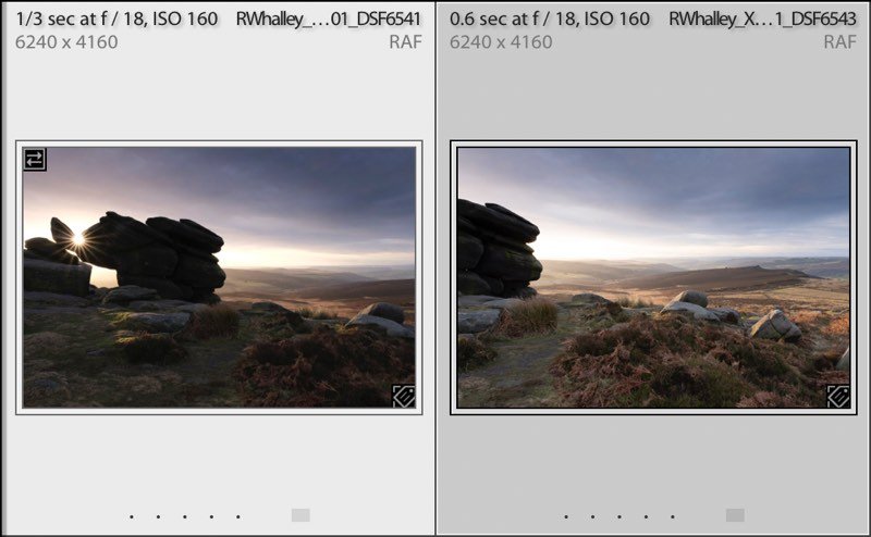 Two image frames in the Lightroom Library before merging