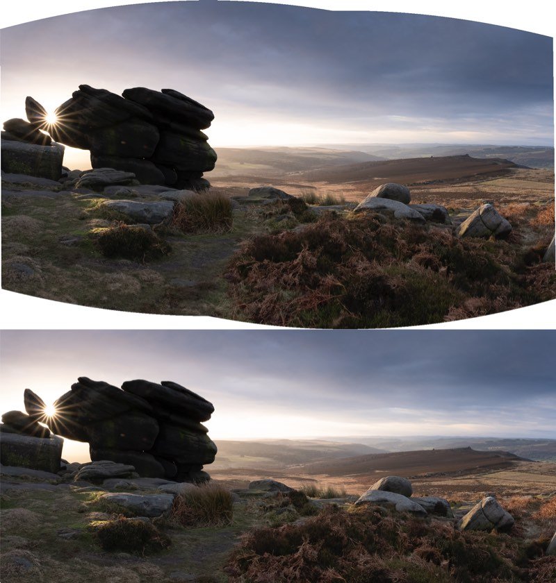 Comparison showing the Auto Crop option to crop the merged panorama