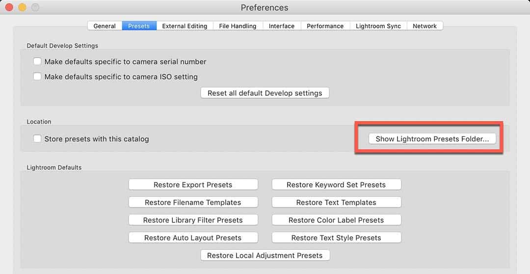 Lightroom Preferences dialog with Show Lightroom Presets Folder button shows where are Lightroom Presets stored