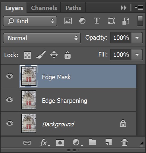 Photoshop Layers Window showing new edge sharpening layers