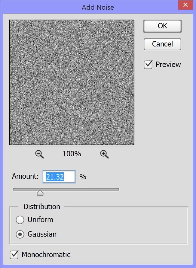 Creating the film grain texture with the Add Noise filter in Photoshop