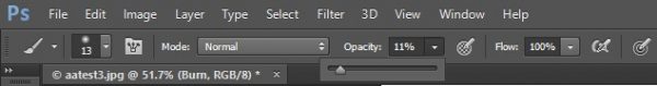 Photoshop Toolbar showing paintbrush settings used for Dodging and Burning