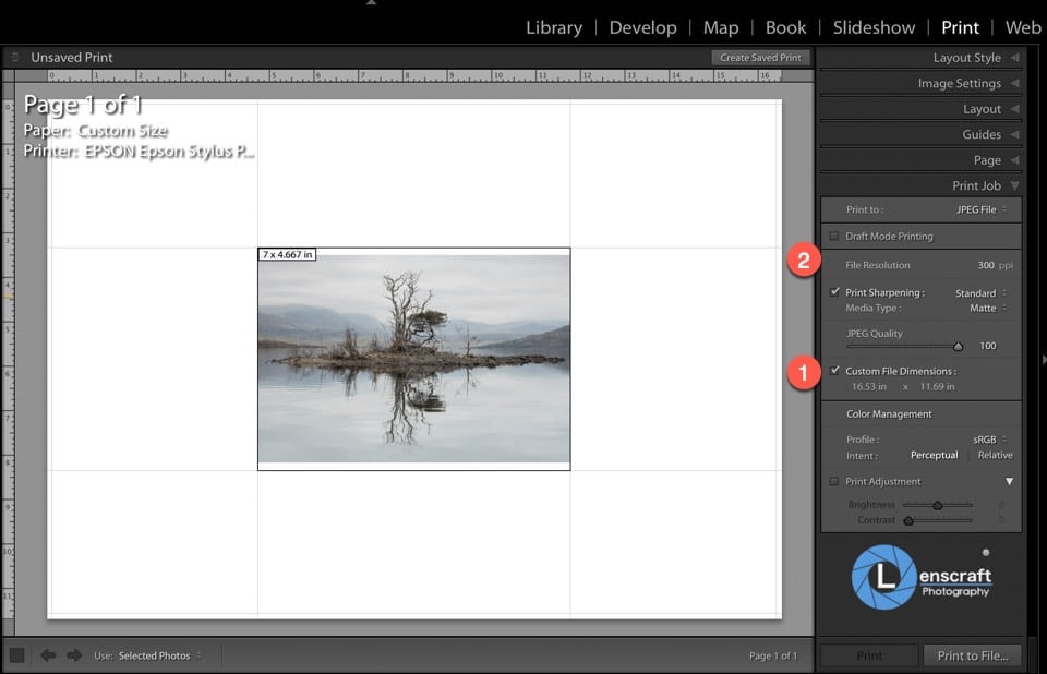 Setting the custom size for an image when output from the Lightroom print module