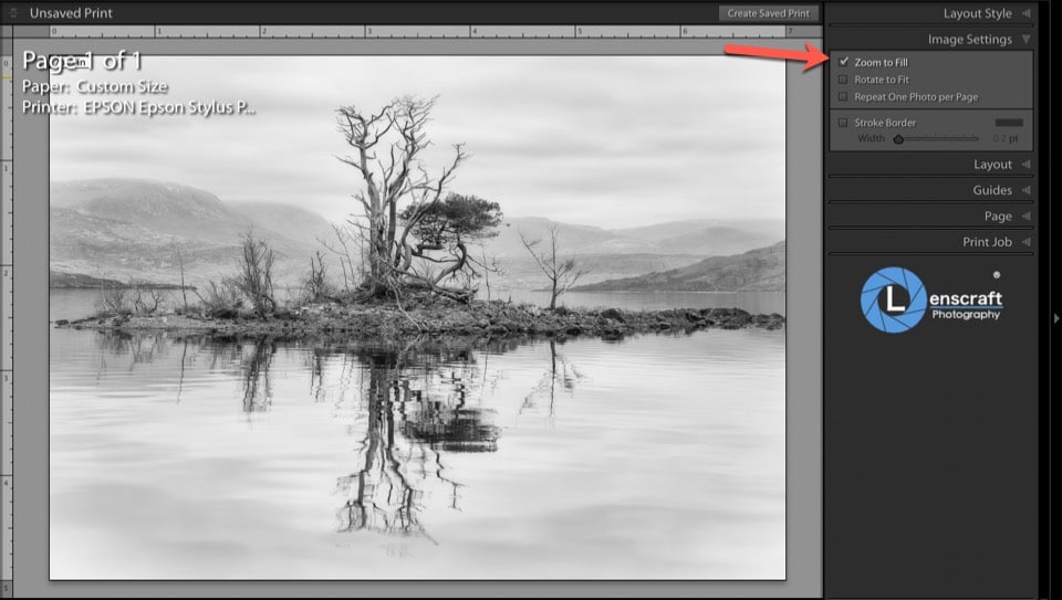 forcing the image to fill the page in lightroom with the Zoom to Fit option