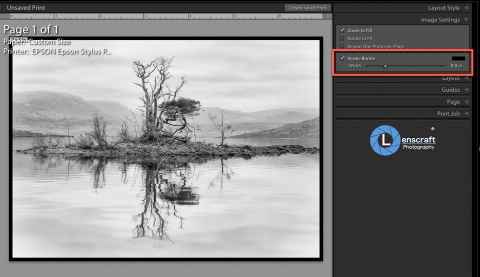 to add a border to an image in Lightroom use the stroke border option and set the width