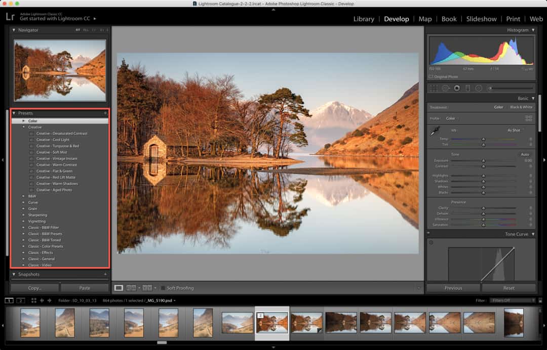 The Lightroom interface showing the Presets panel on the left