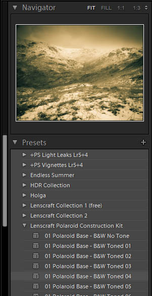 The Lightroom navigator window displaying a preview of the Presets