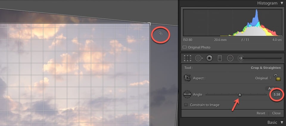 the Lightroom Angle slider being used to rotate an image