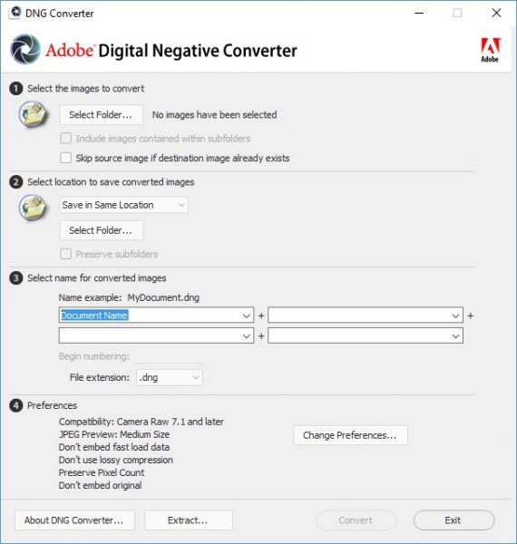 Adobe DNG Converter user interface