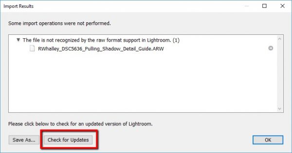 Check for RAW file support updates in Lightroom