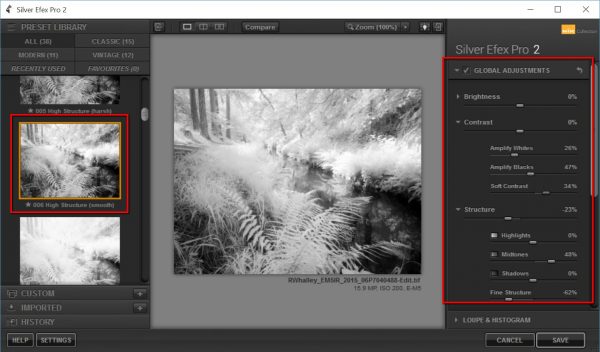 Processing infrared images in nik silver efex