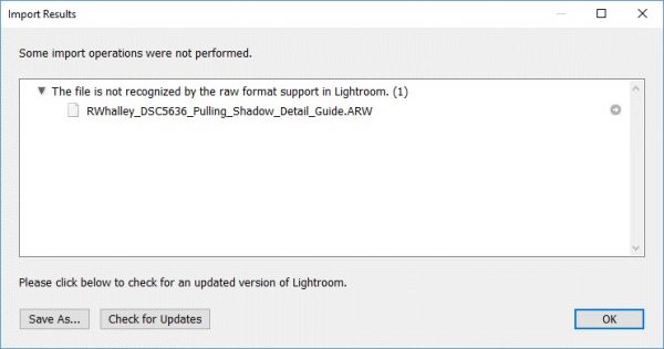 RAW file import error message in Lightroom