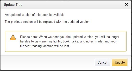 Kindle Book Updates dialog and message