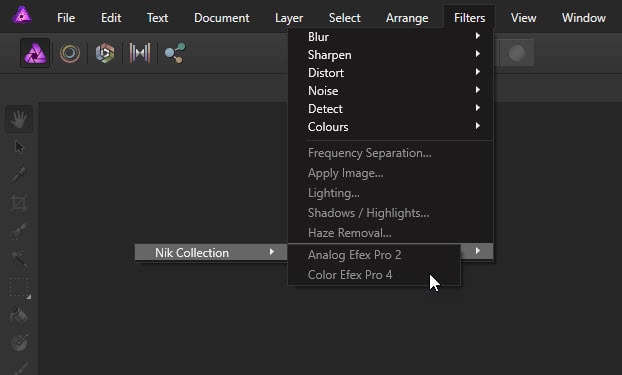 Accessing the Nik Collection in the Affinity Photo Filters menu