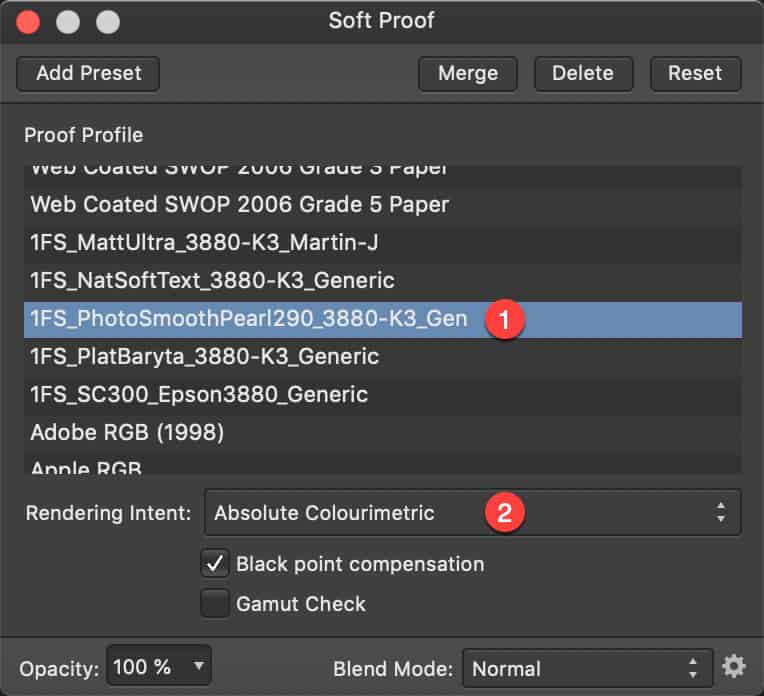 Soft proof options in Affinity Photo