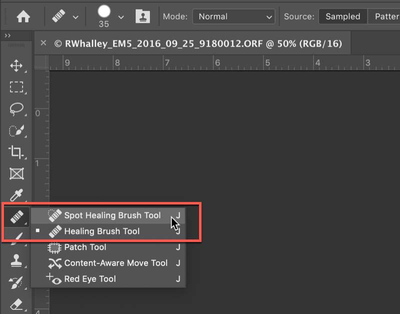 Selecting the Healing Brush and Spot Healing Tool from the Photoshop Tools