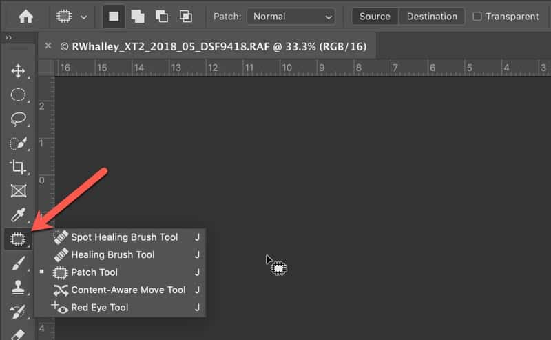 Selecting the Photoshop Patch Tool in the Tools Palette