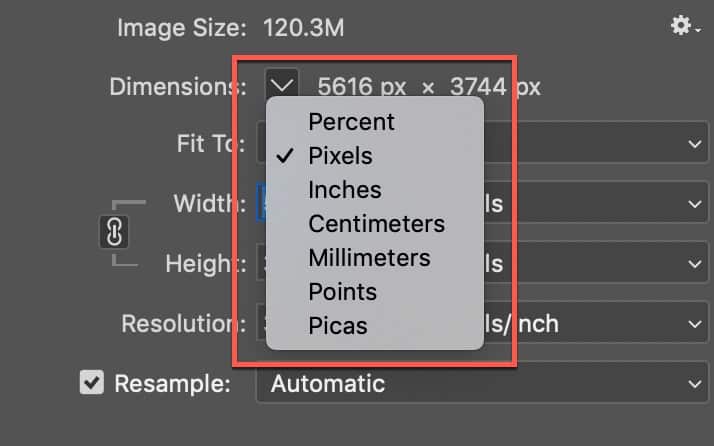 Selecting the units to work with when resizing an image in photoshop