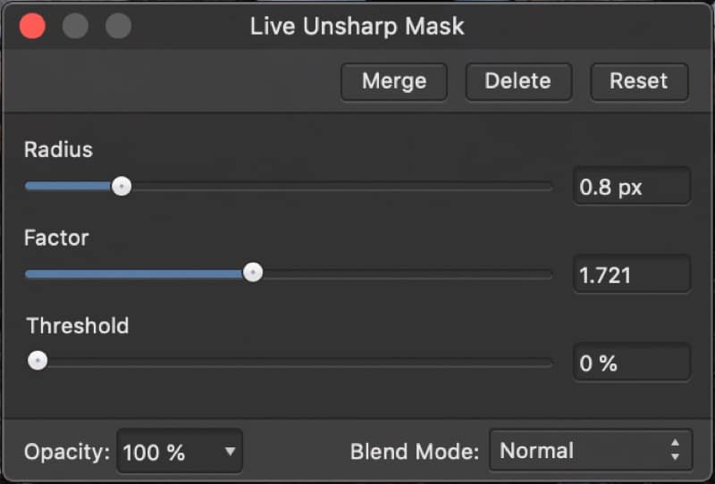Controls in the Affinity Photo Unsharp Mask filter
