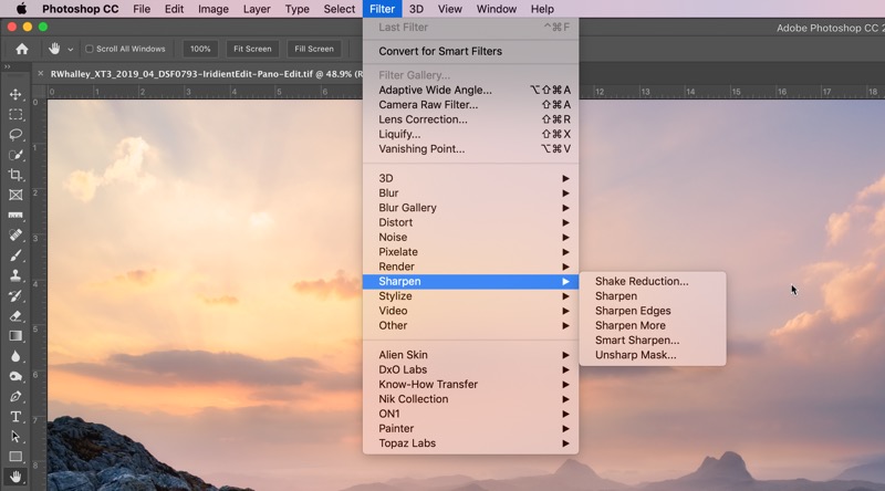 Sharpening filters in the Photoshop fitlers menu