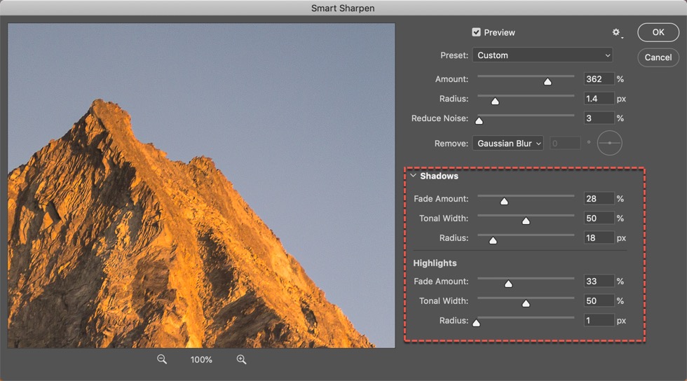 Controlling sharpening with the Highlights and Shadows controls