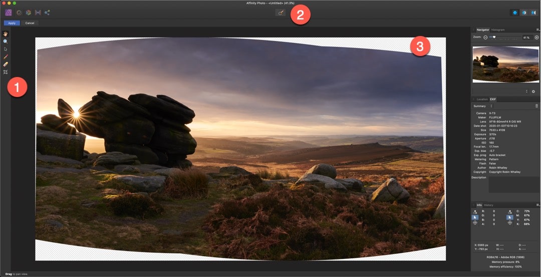 Affinity Photo Panorama interface