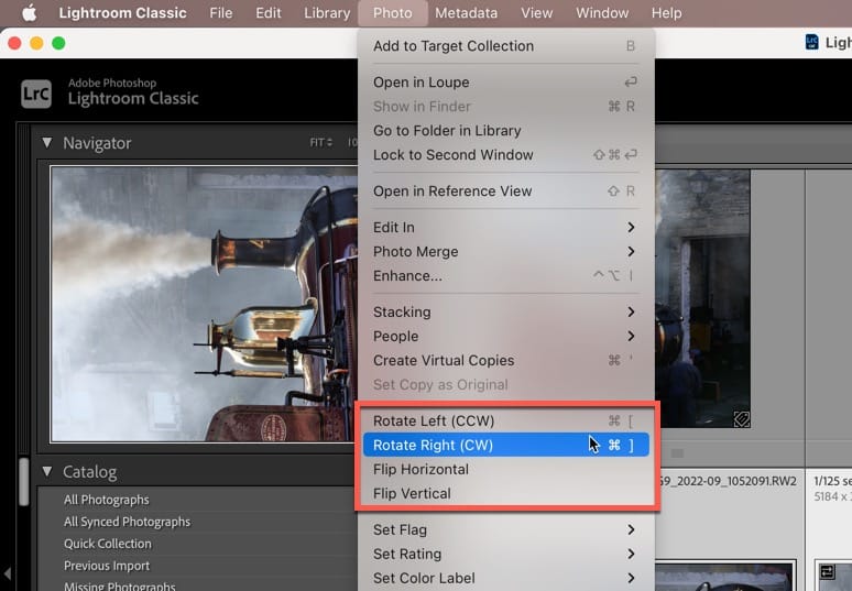 Using the Lightroom Photo menu options to rotate images
