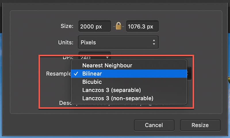 Resampling options when resizing an image in Affinity Photo