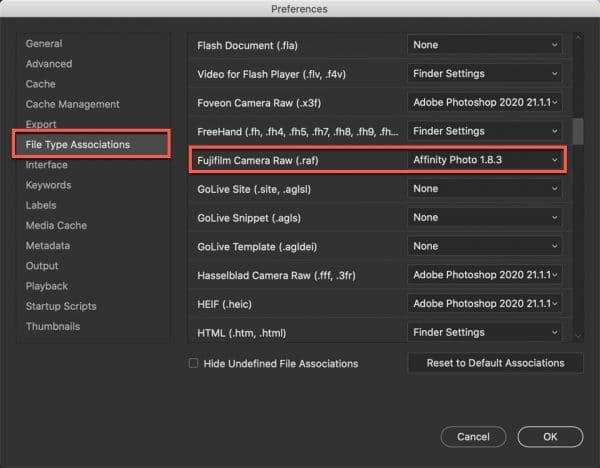 setting the adobe bridge preferences for file type associations