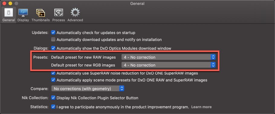 DXO PhotoLab General Preferences to apply a Preset to images on a Mac