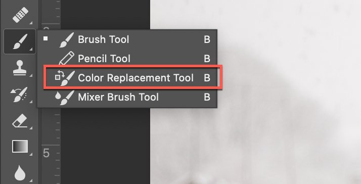 Selecting the Colour Replacement Tool from the Photoshop Tools