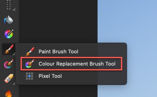Selecting the Colour Replacement Brush Tool in the Affinity Photo Tools Palette
