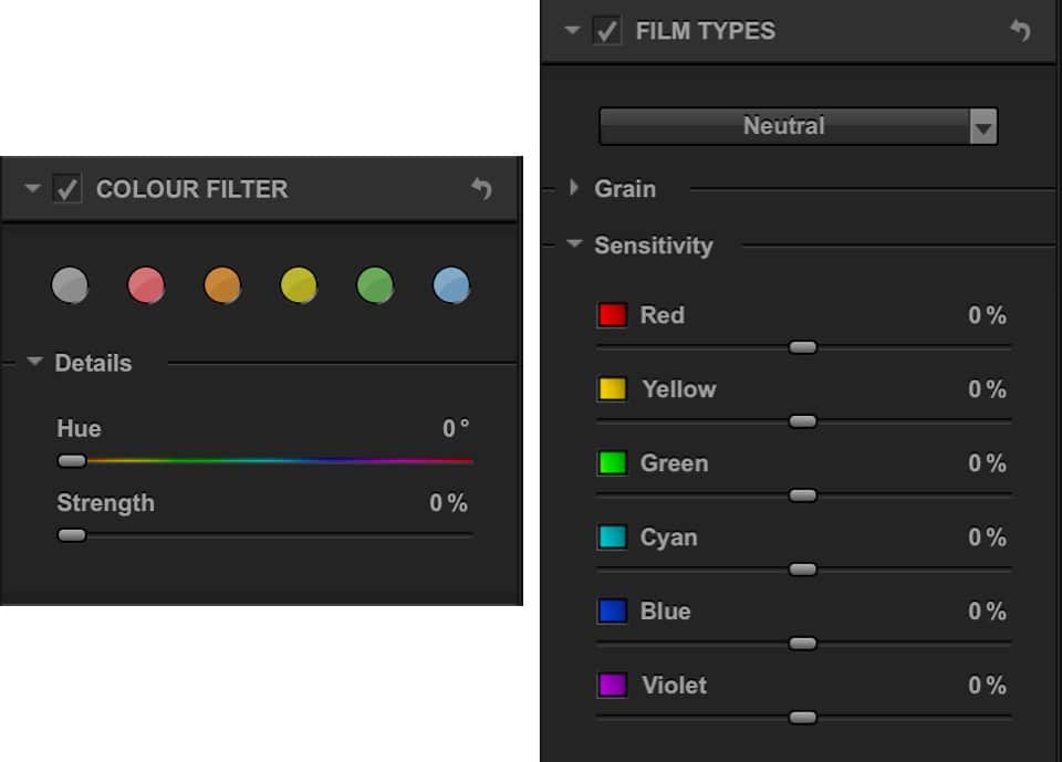 Colour filters and colour response sliders in nik silver efex pro
