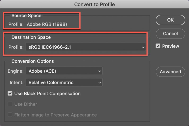 Converting to the sRGB colour space in Adobe Photoshop prior to print
