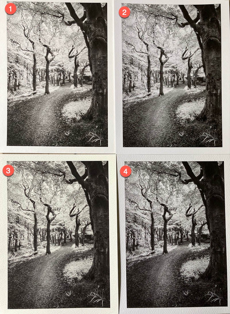 BW test prints on matt textured fine art inkjet paper