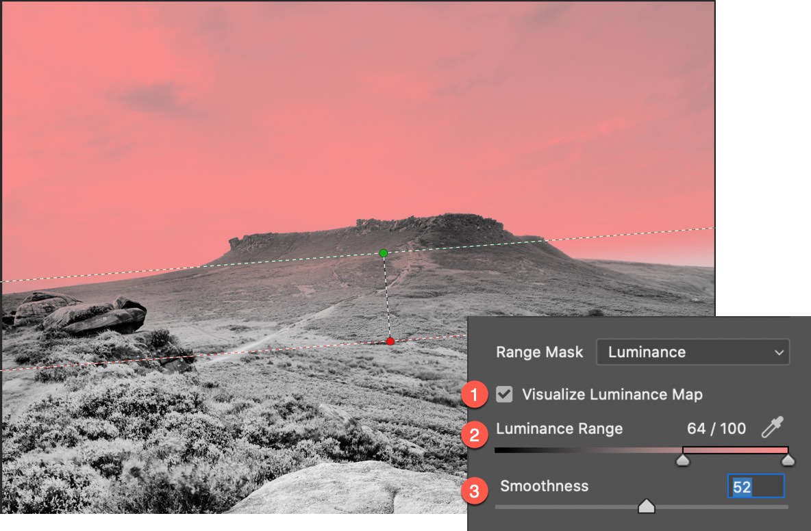 Configuring the Luminance Range Mask options to select the sky