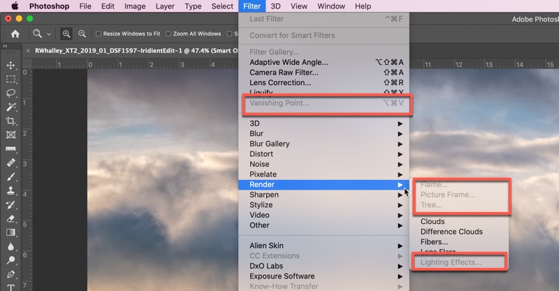Photoshop menu showing disabled filters