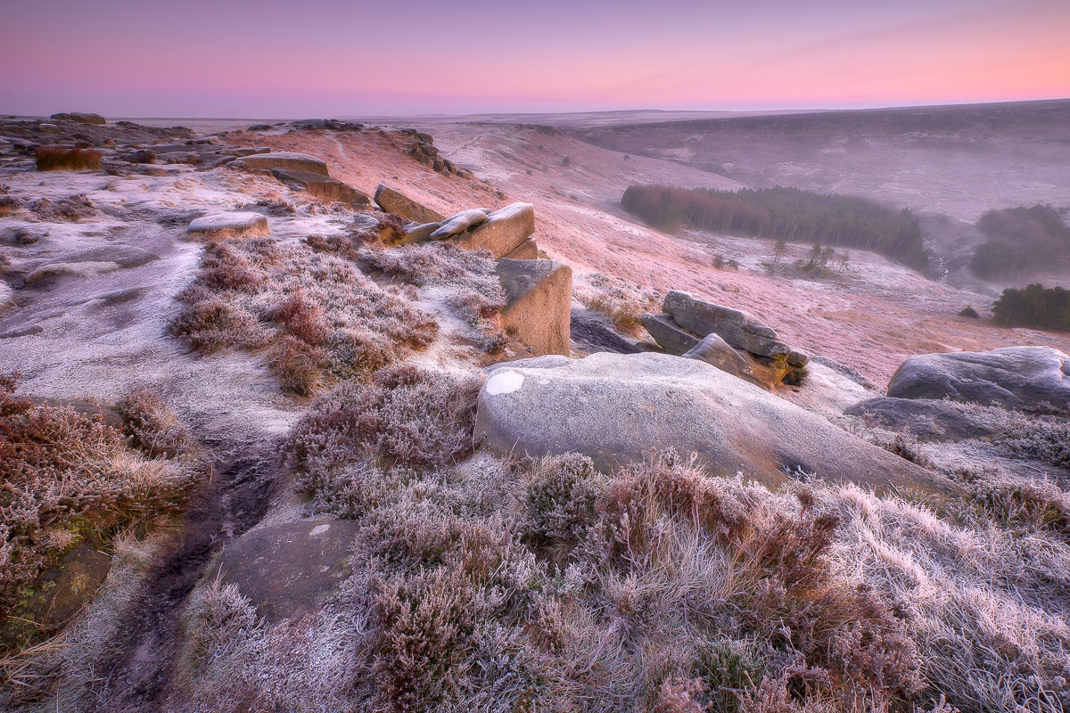 Pink winter dawn on Higger Tor