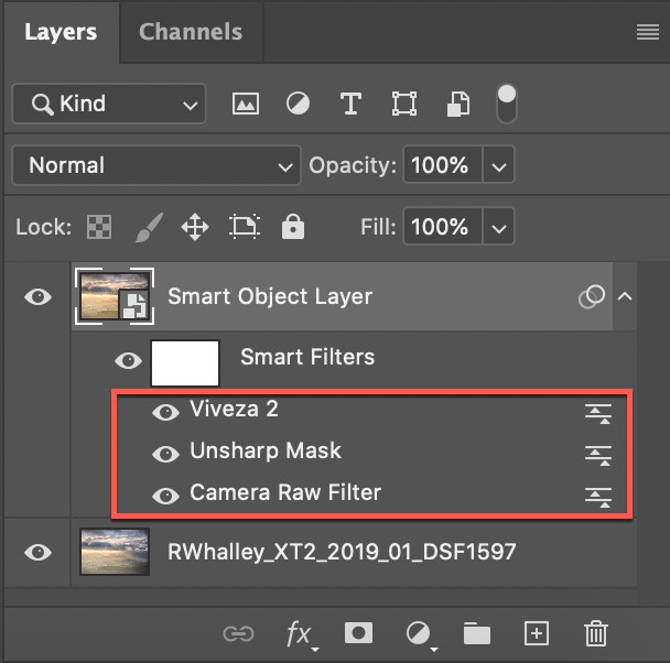 Three Smart Filters applied to the same Photoshop Smart Object