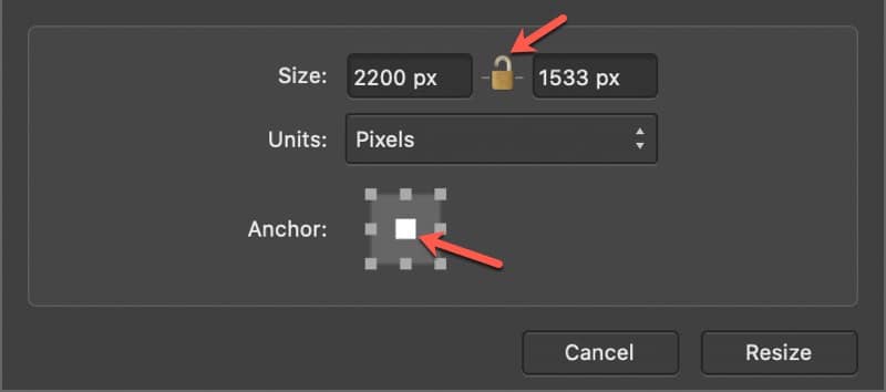 Affinity Photo resize Canvas dialog with the new settings