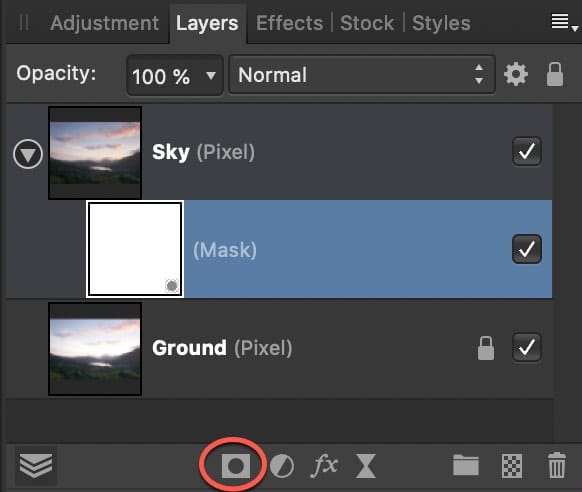 Adding a new mask layer in the affinity photo layers studio panel