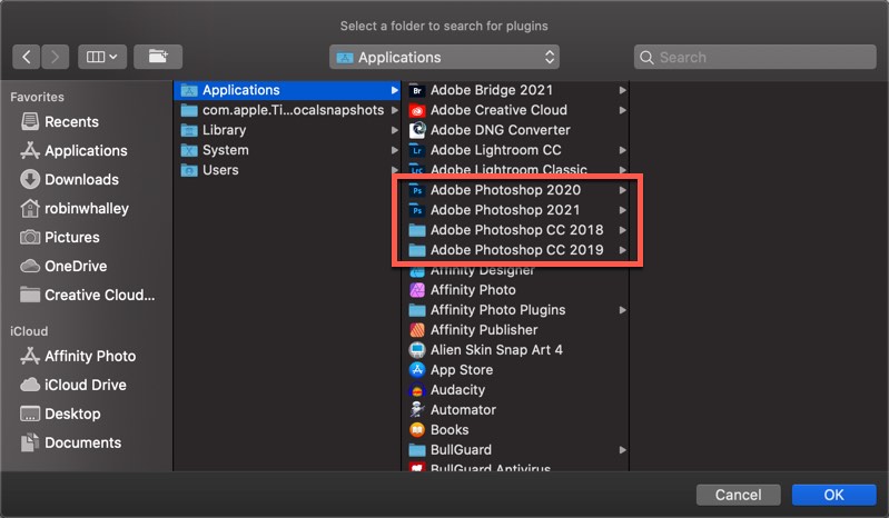 Applications folder showing Photoshop folders on a Mac