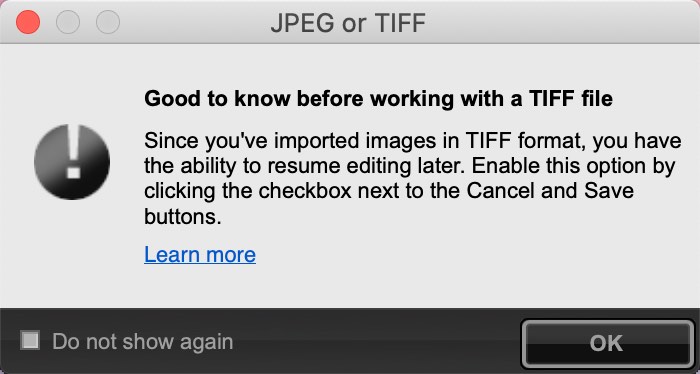Nik Collection message about non-destructive editing when using a TIFF file