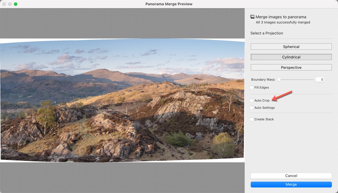 Cropping an image in the Merge to Panorama dialog in Lightroom