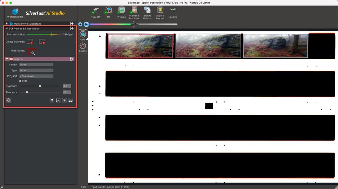 Selecting and configuring the colour negative frames for scanning